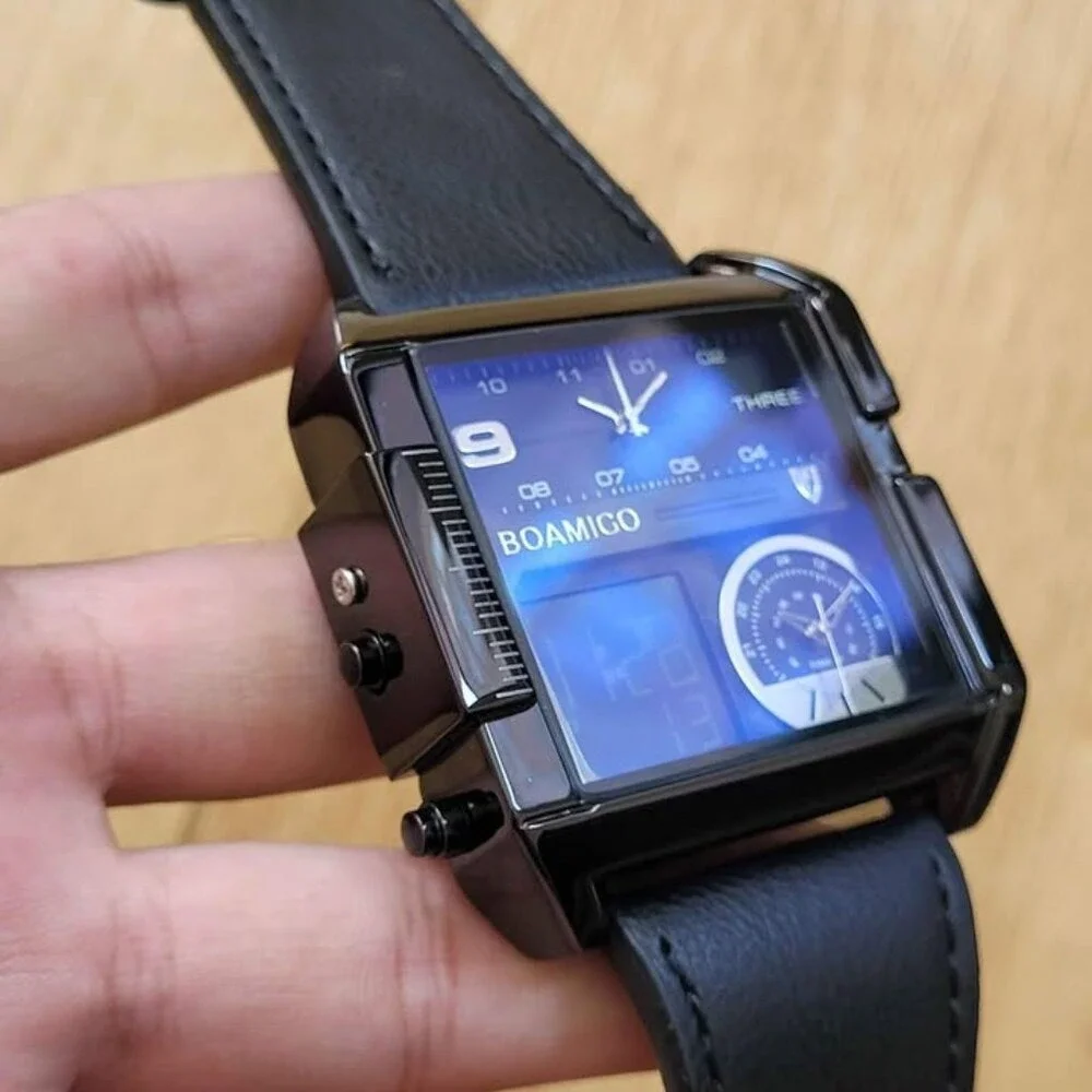 BOAMIGO Big Square Dial 3‎ TimeZone Stylish Watch For Men